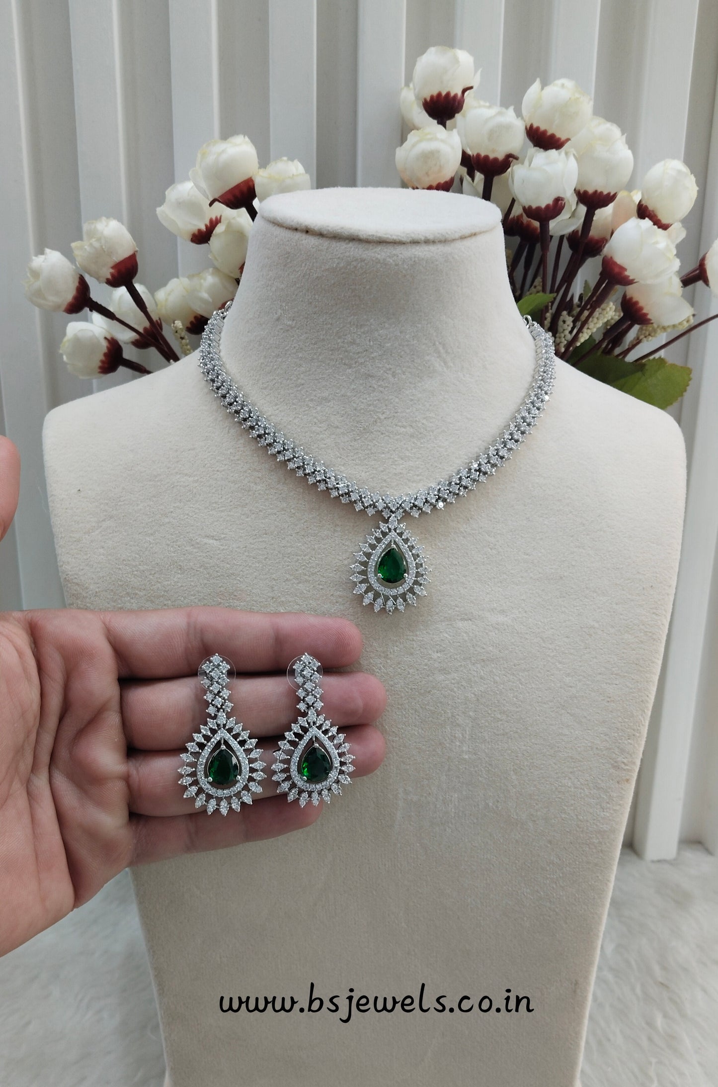 Green Silver CZ Necklace Jewellery Polard Set