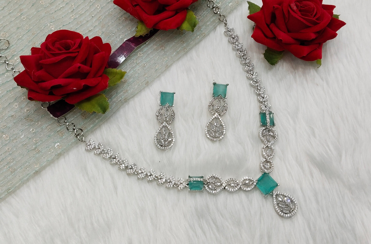Sea Green Silver CZ Necklace Jewellery Peterson Set