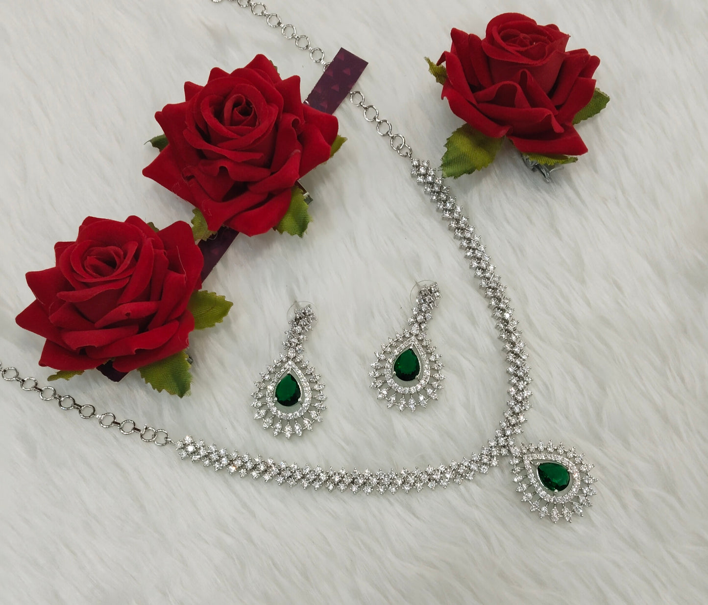 Green Silver CZ Necklace Jewellery Polard Set