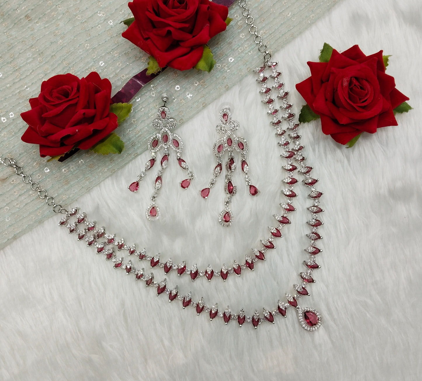 Ruby Silver CZ Necklace Jewellery Sunil Set