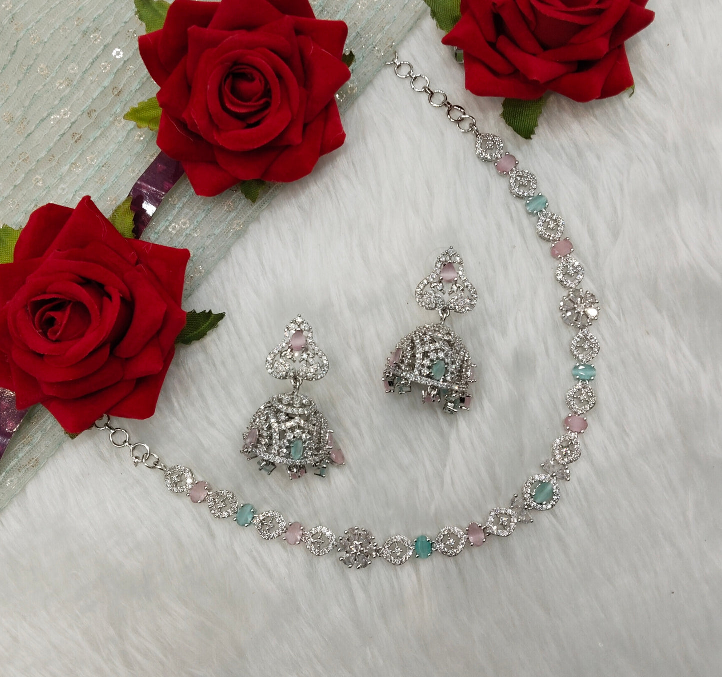 Mint Pink Silver CZ Necklace Jewellery Jaysurya Set