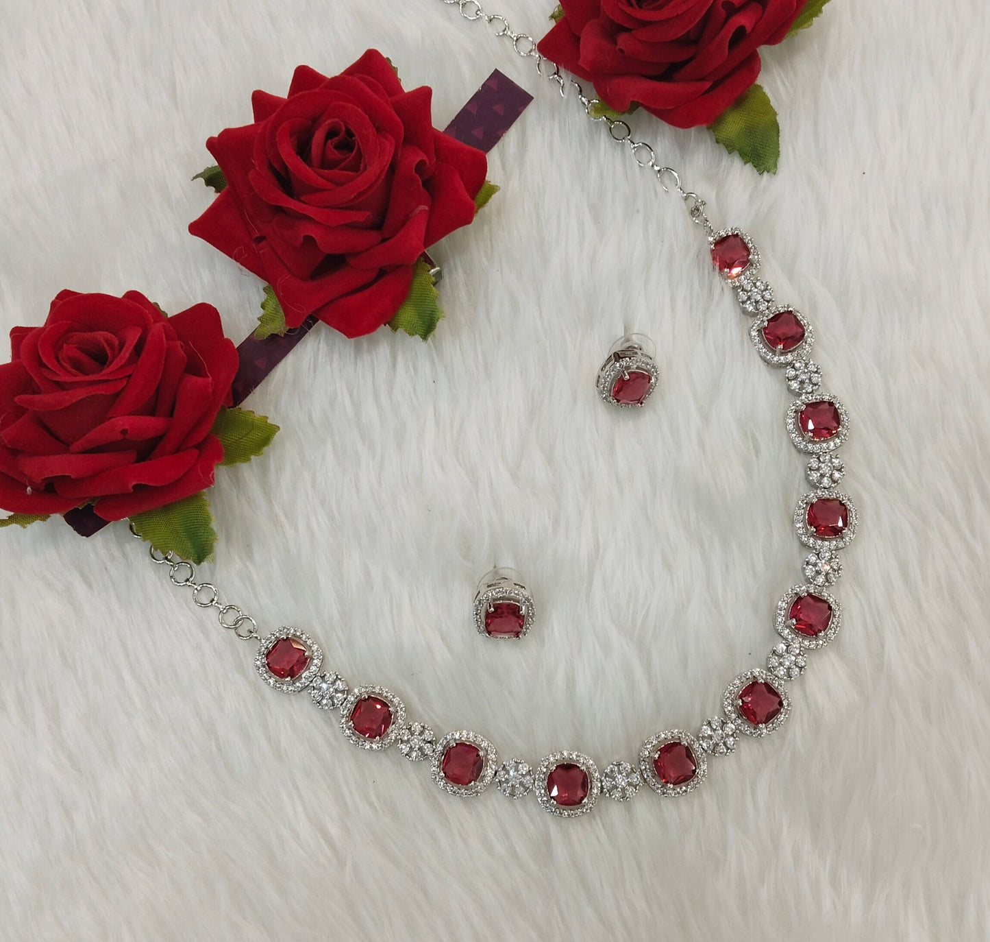 Ruby Silver CZ Necklace Jewellery Kavin Set
