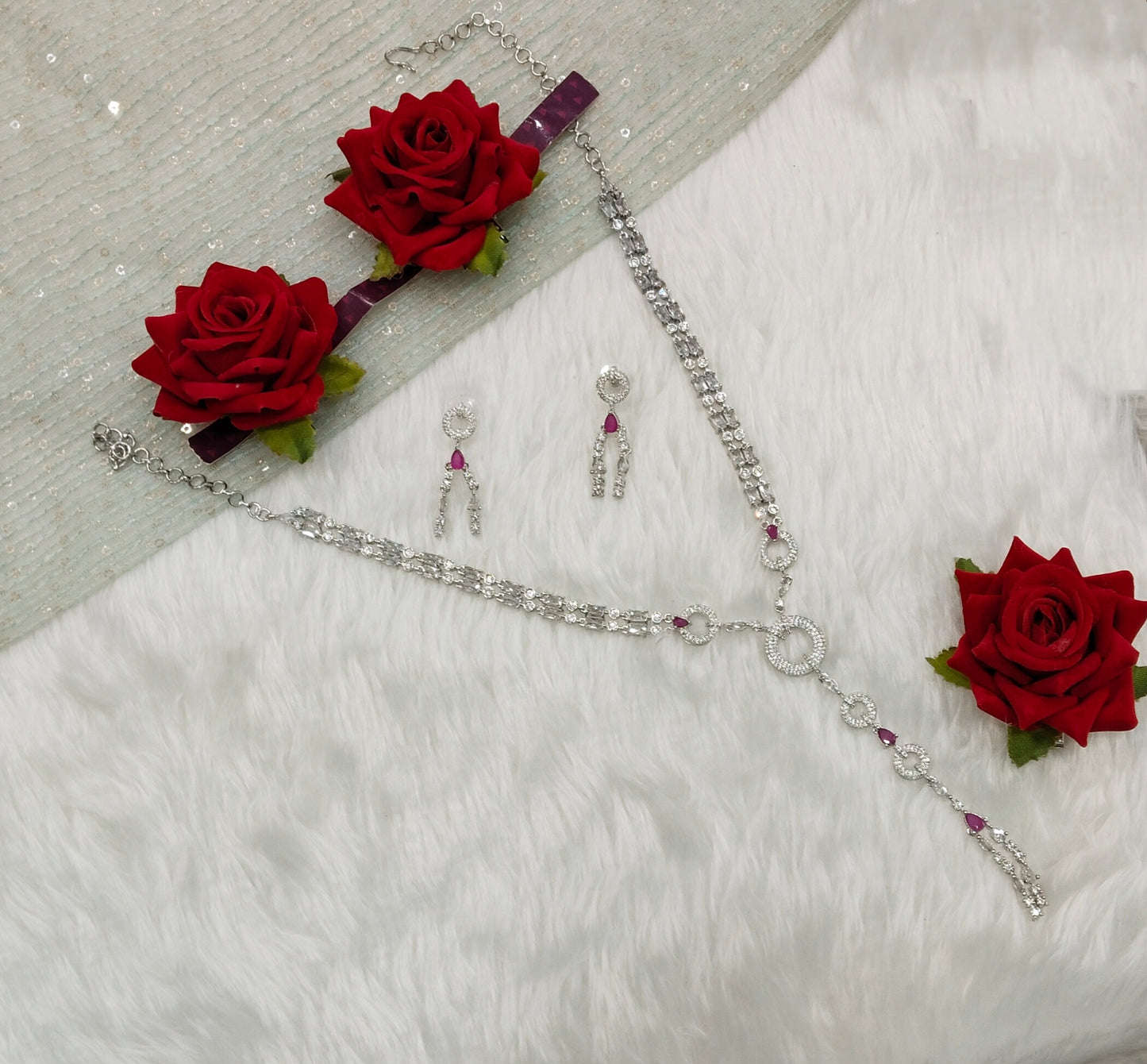 Ruby Silver CZ Necklace Jewellery Jaysurya Set