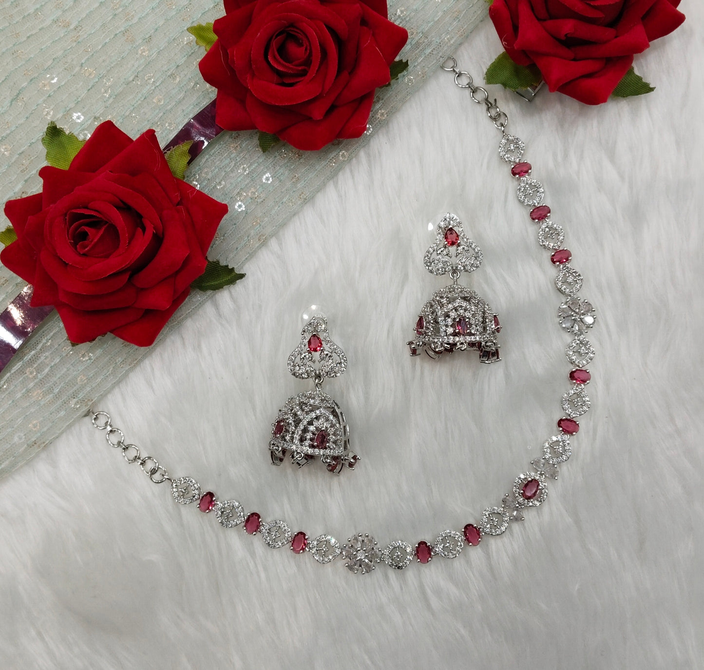 Ruby Silver CZ Necklace Jewellery Jaysurya Set