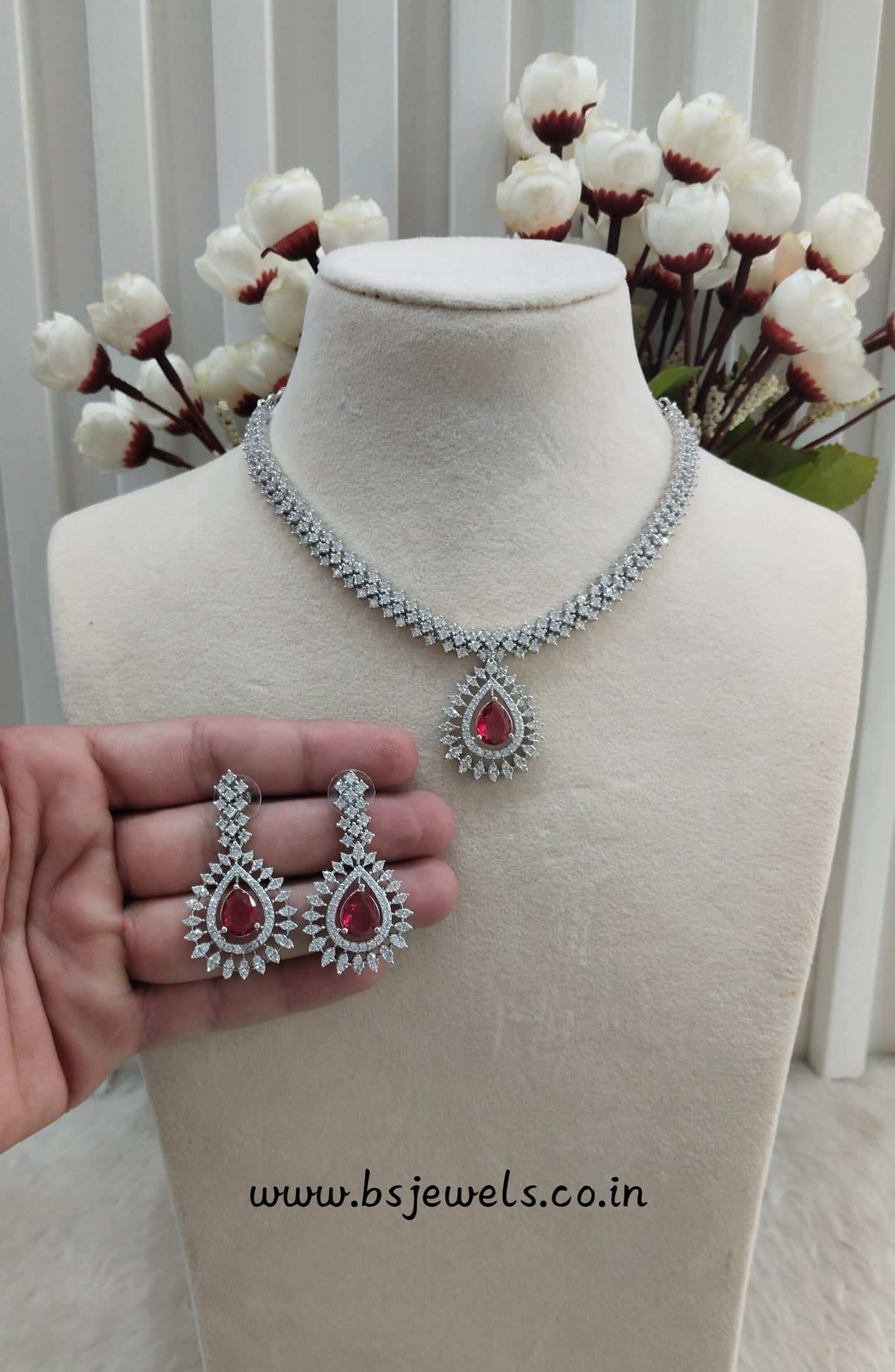 Ruby Silver CZ Necklace Jewellery Polard Set