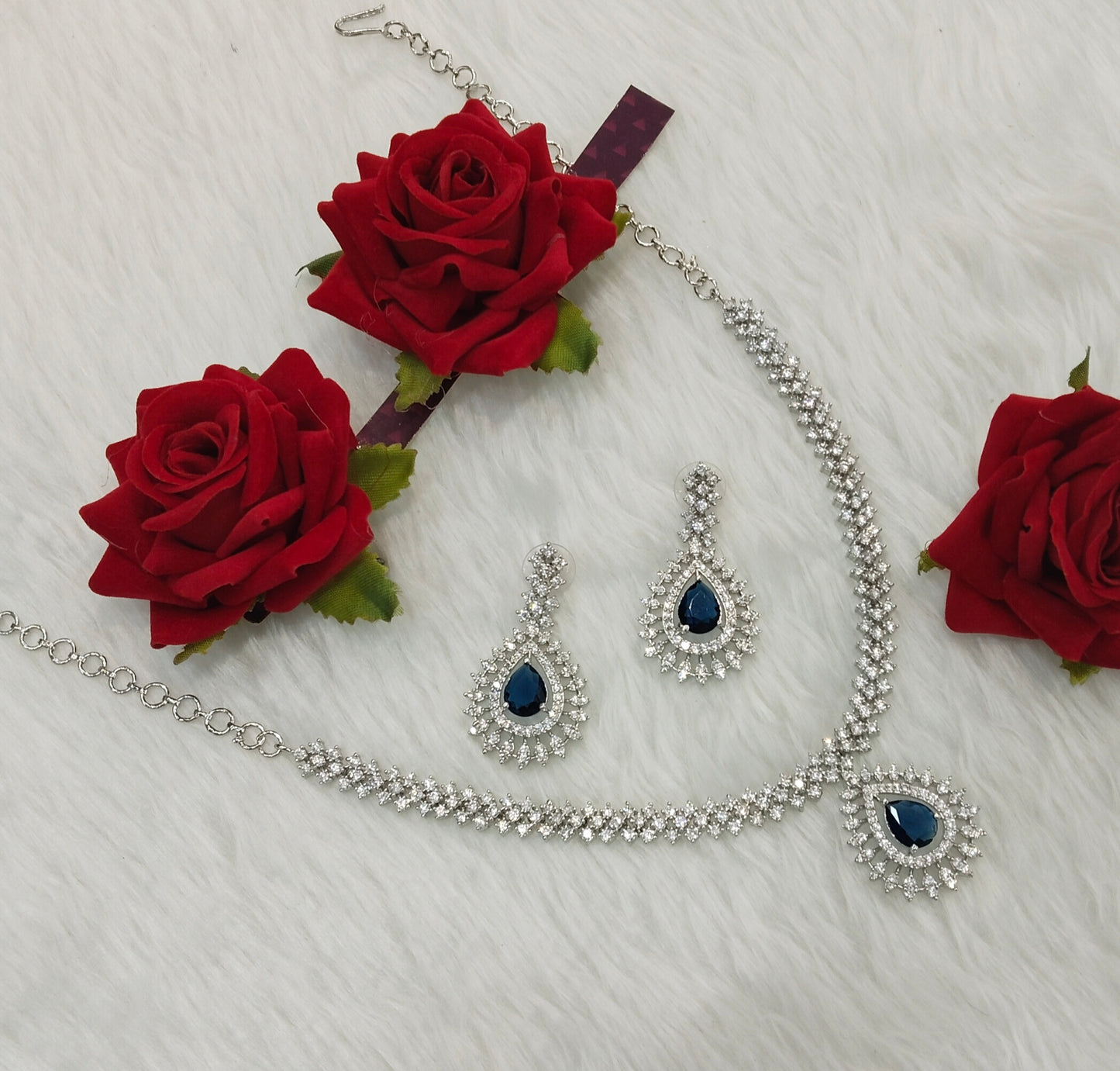 Blue Silver CZ Necklace Jewellery Polard Set