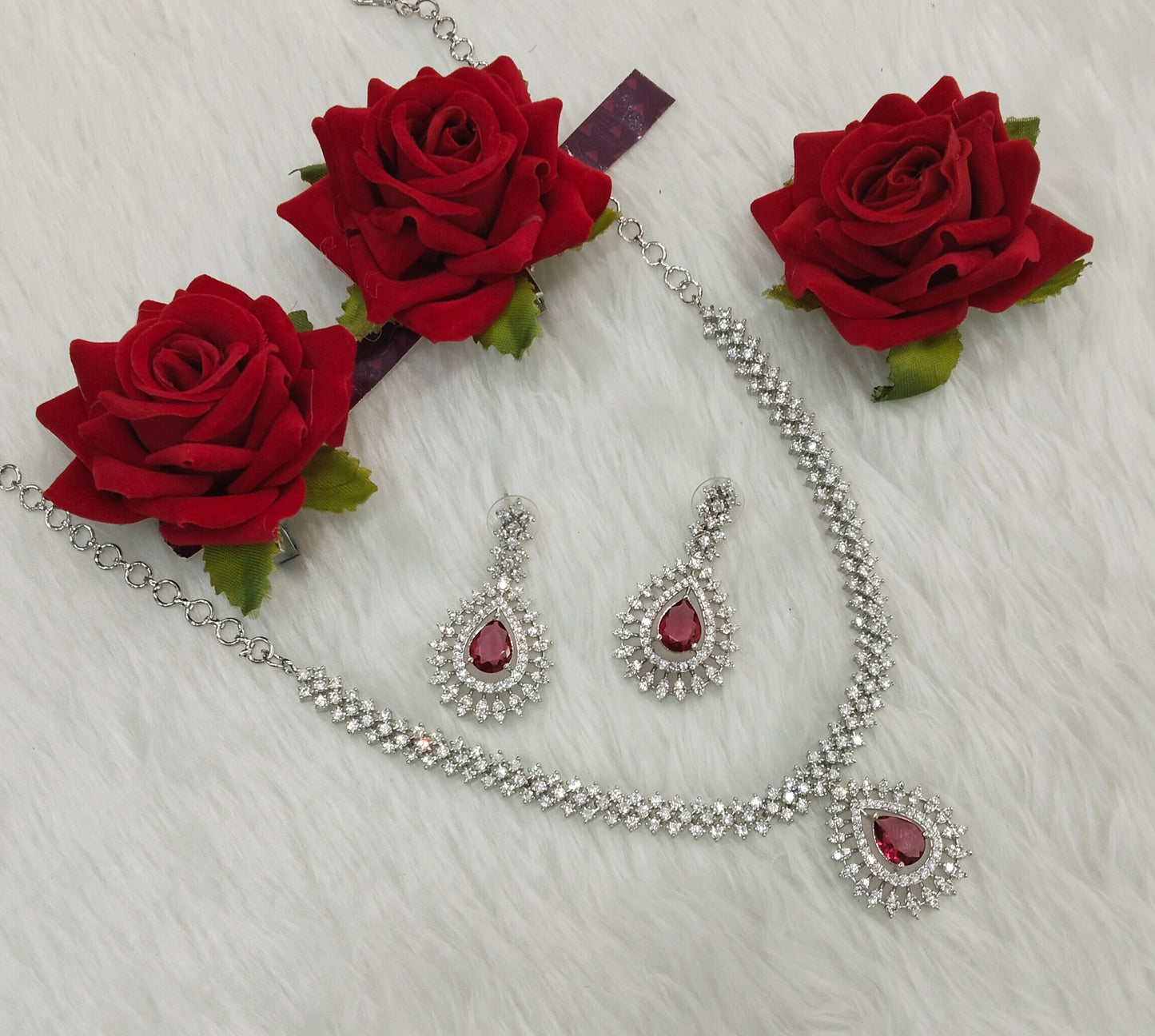Ruby Silver CZ Necklace Jewellery Polard Set