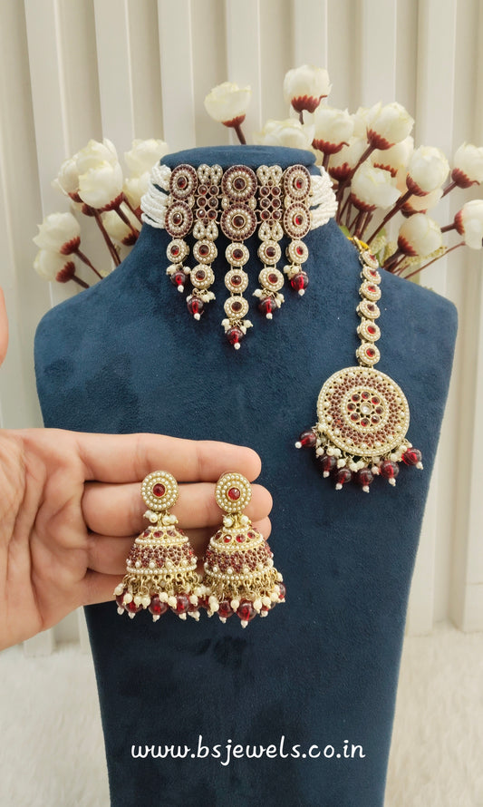 Maroon Antique Gold Choker Jewellery Babli Set
