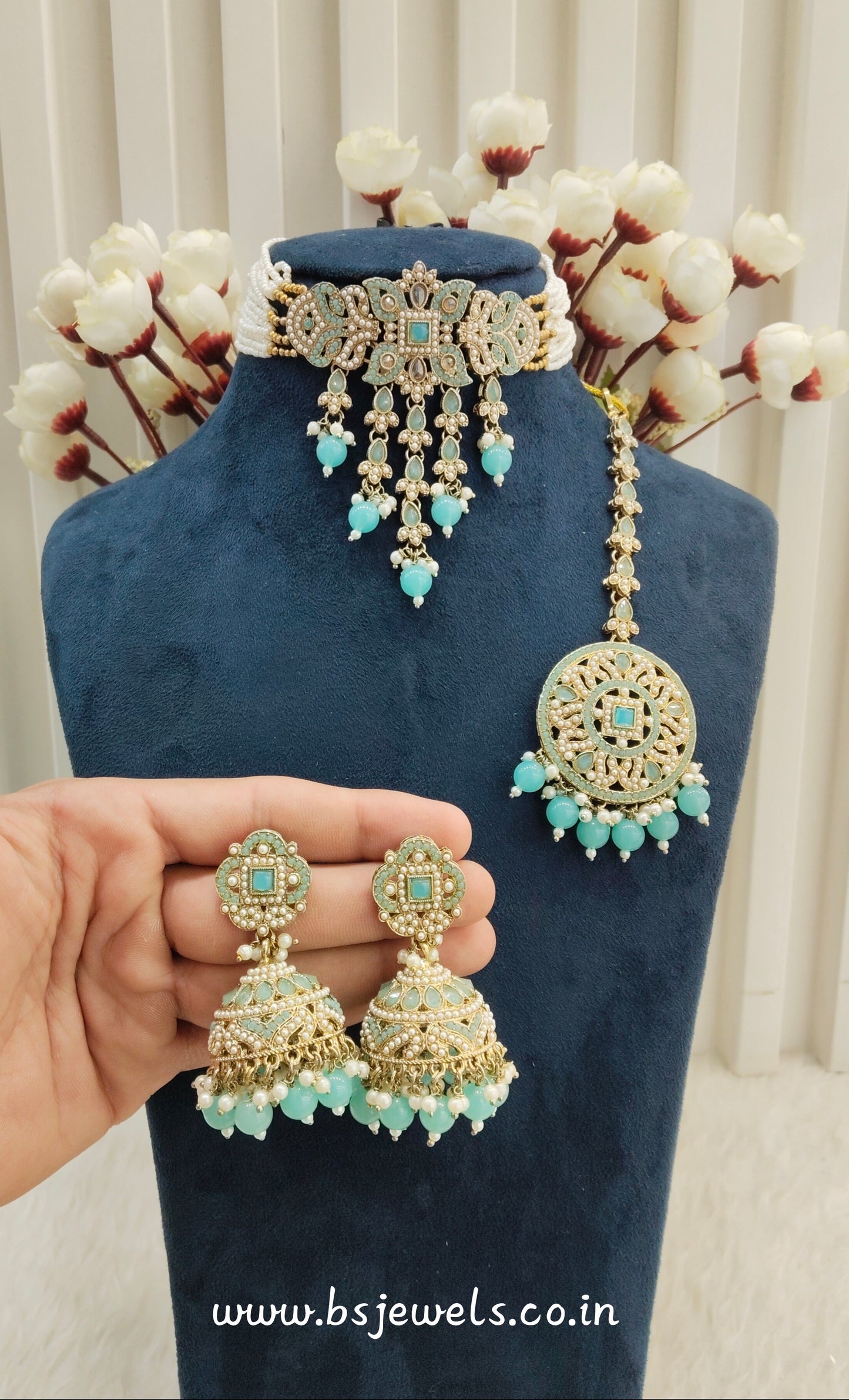 Sky Blue Antique Gold Choker Jewellery Bablu Set