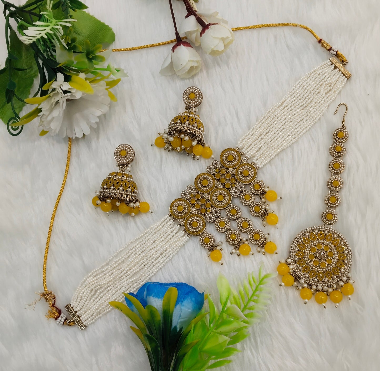 Yellow Antique Gold Choker Jewellery Babli Set