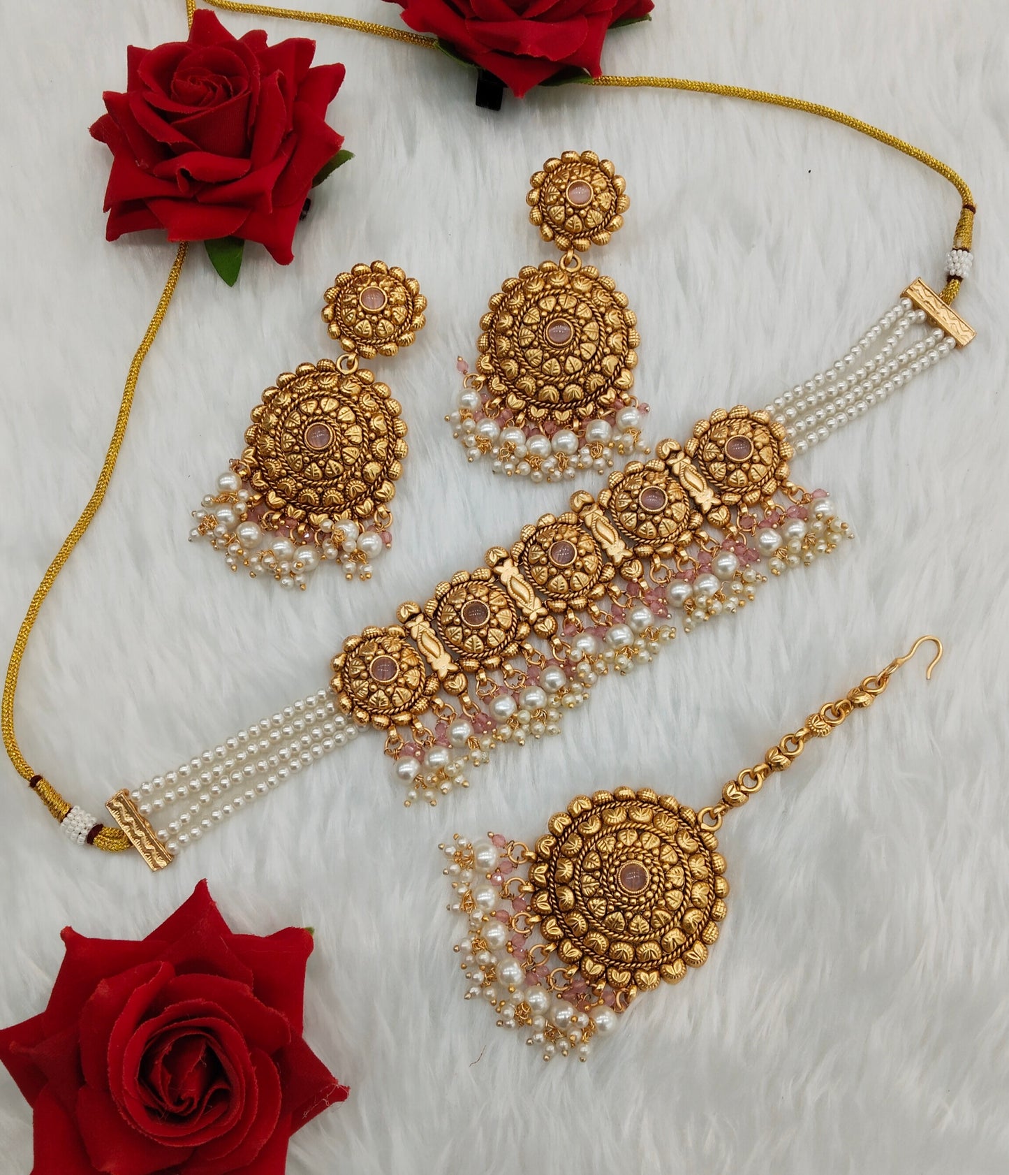 Pink Gold Polki Punjabi choker Birpal set