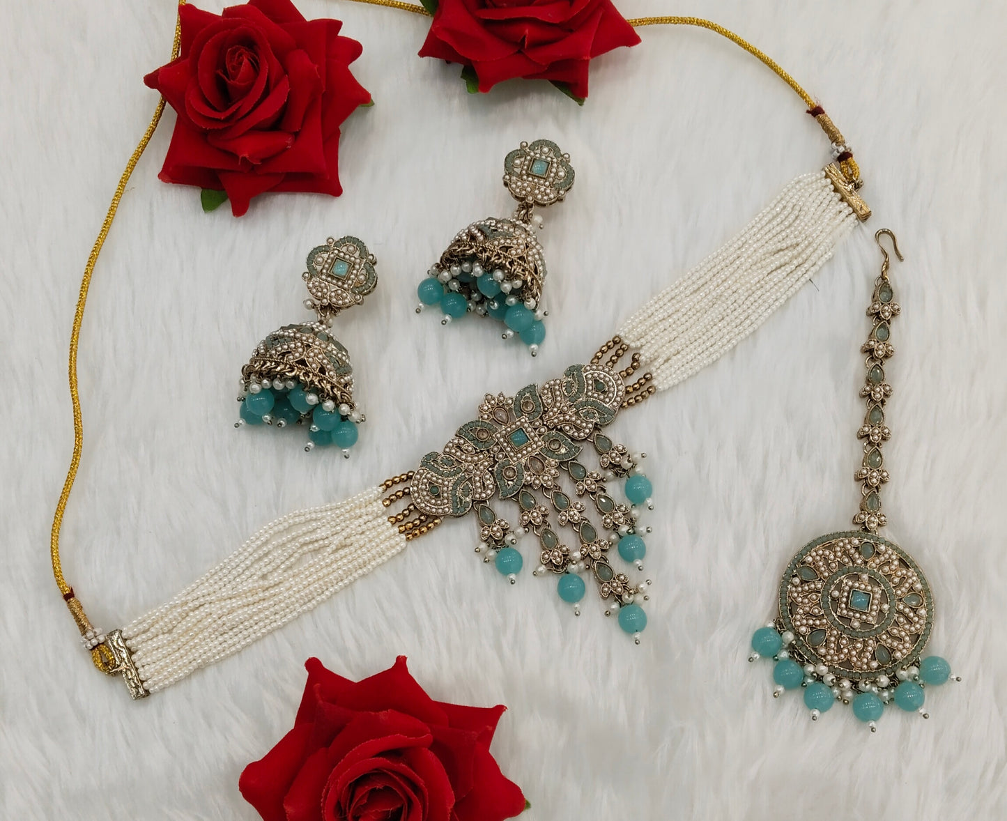 Sky Blue Antique Gold Choker Jewellery Bablu Set