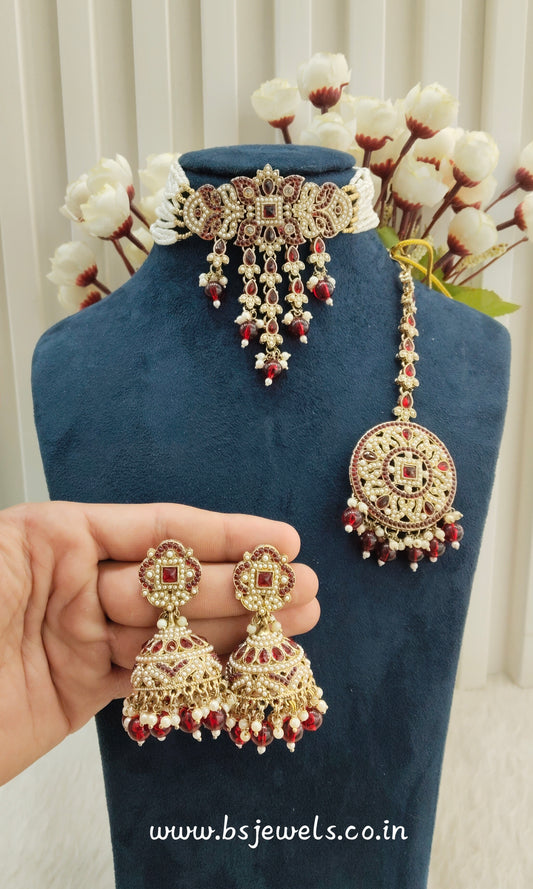 Maroon Antique Gold Choker Jewellery Bablu Set