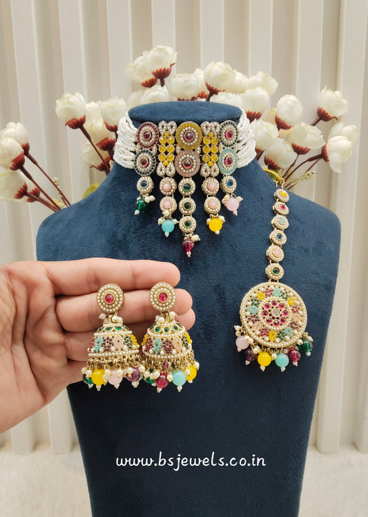 Multi Color Antique Gold Choker Jewellery Babli Set