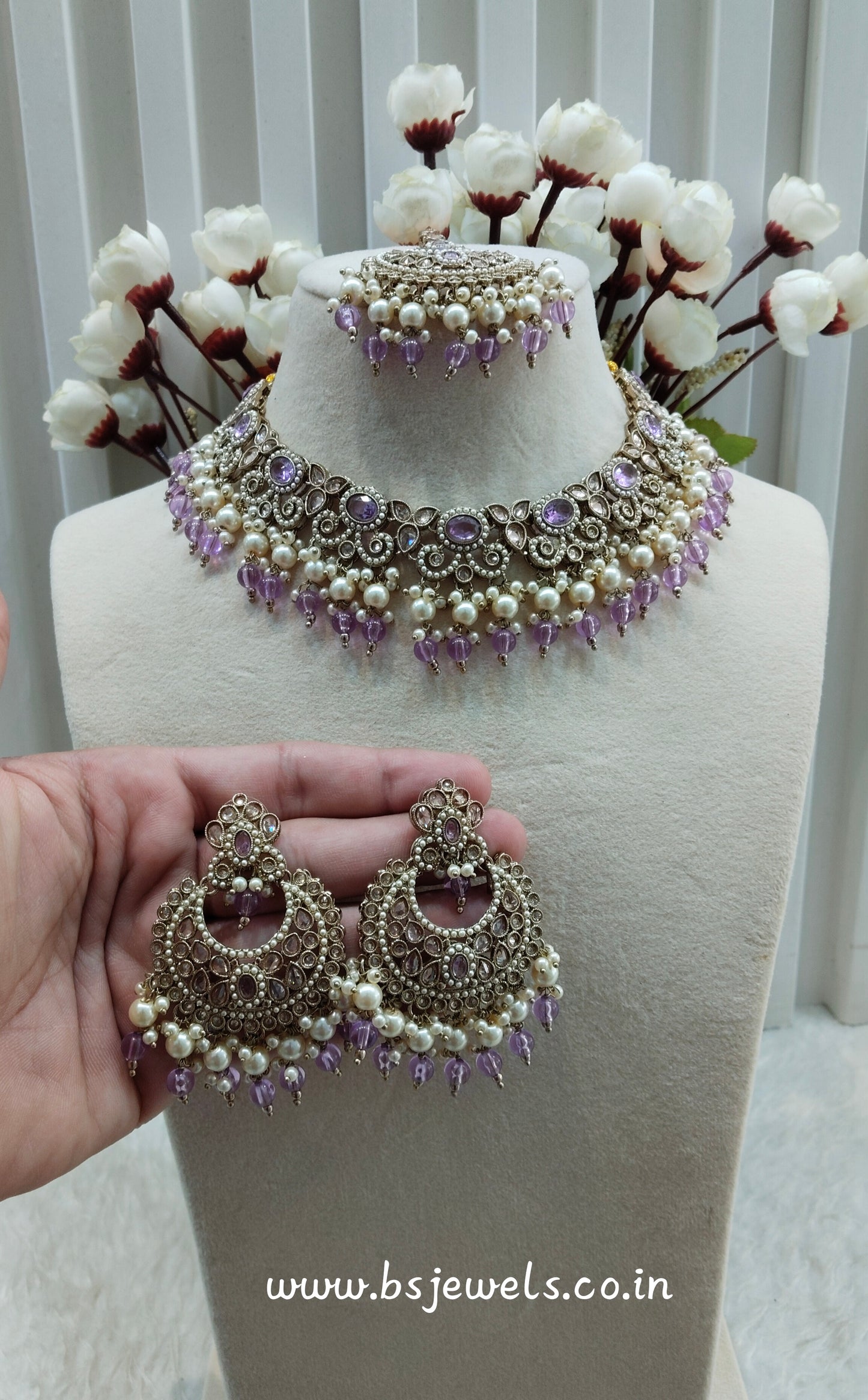 Lavender Antique Gold Necklace Jewellery Mangu Set