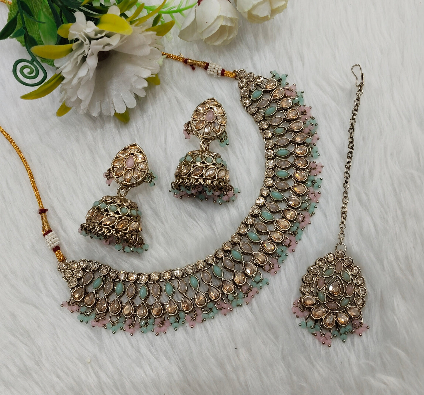 Mint Pink Antique Gold Necklace Jewellery Gora Set
