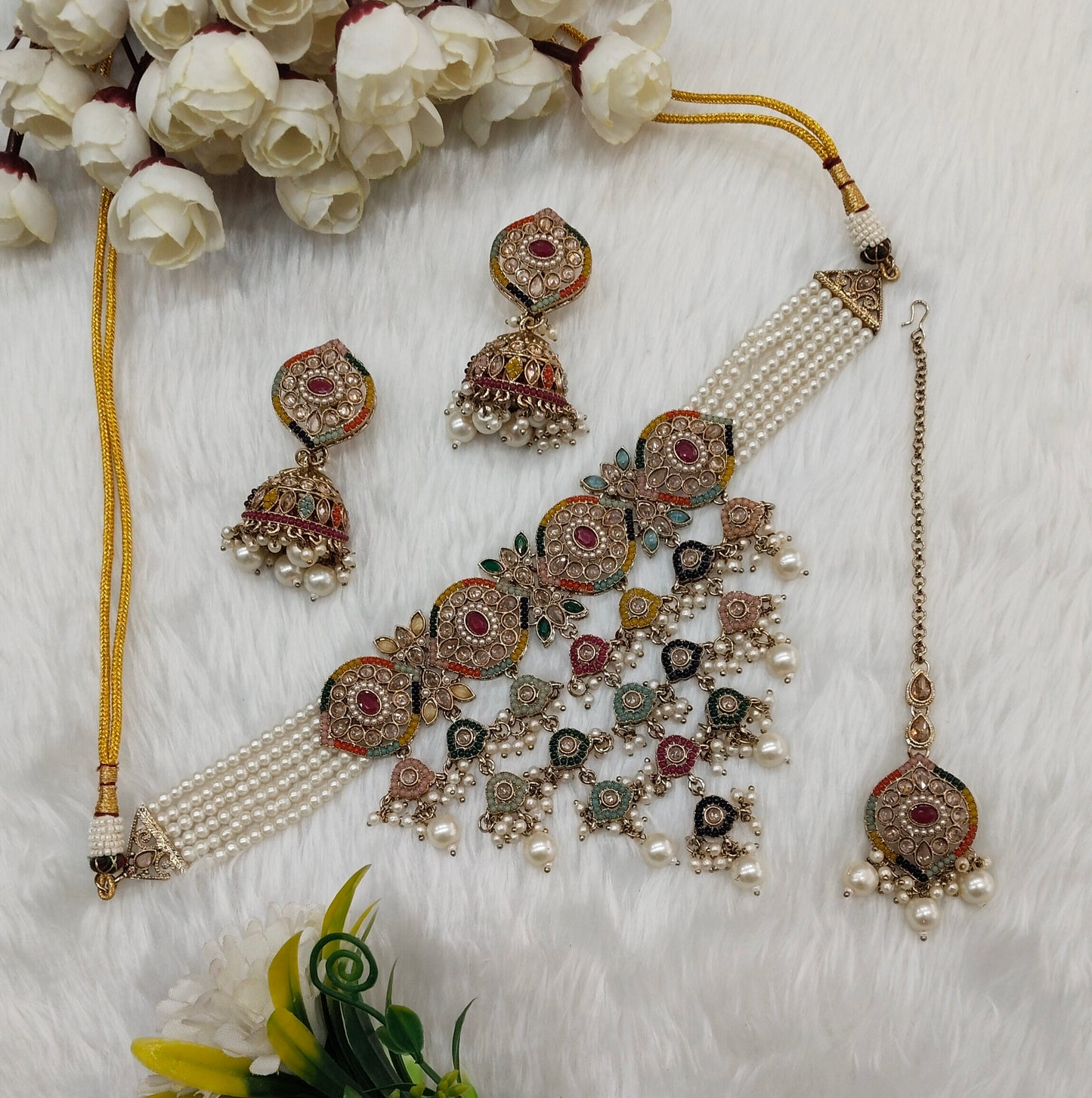 Multi Color Antique Gold Choker Jewellery Pardeep Set