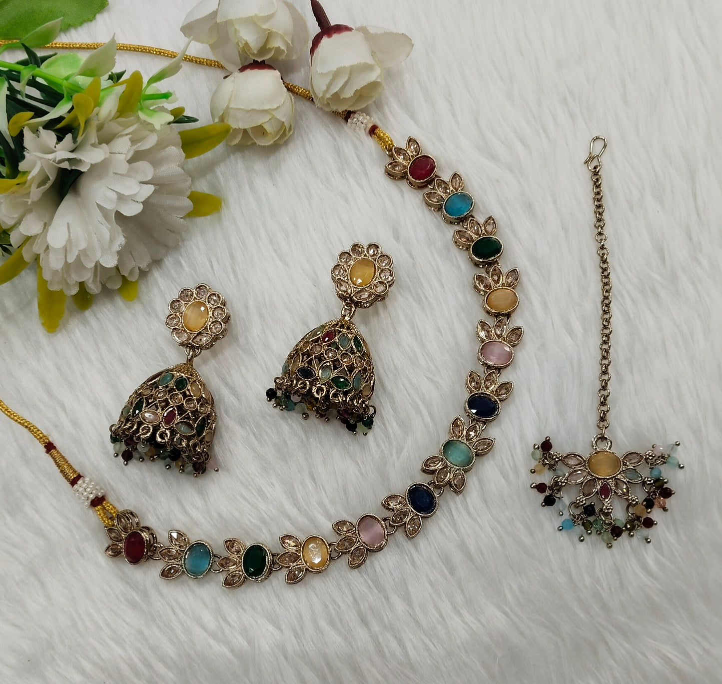 Multi Color Antique Gold Necklace Jewellery Mandeep Set