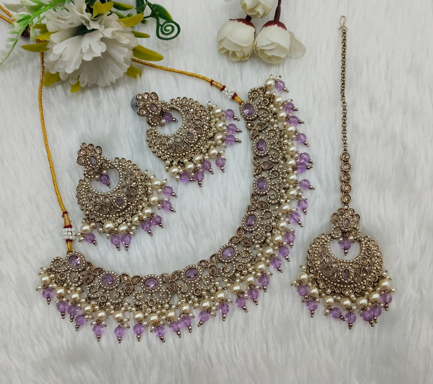 Lavender Antique Gold Necklace Jewellery Mangu Set