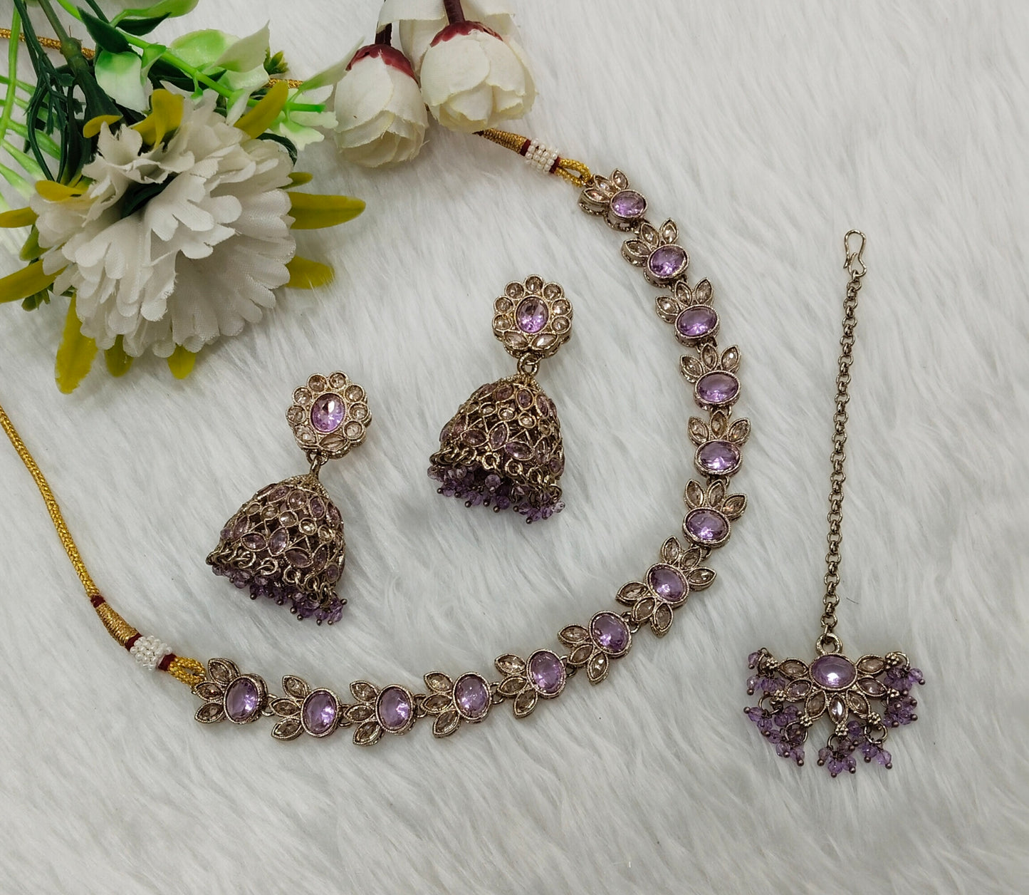 Lavender Antique Gold Necklace Jewellery Mandeep Set