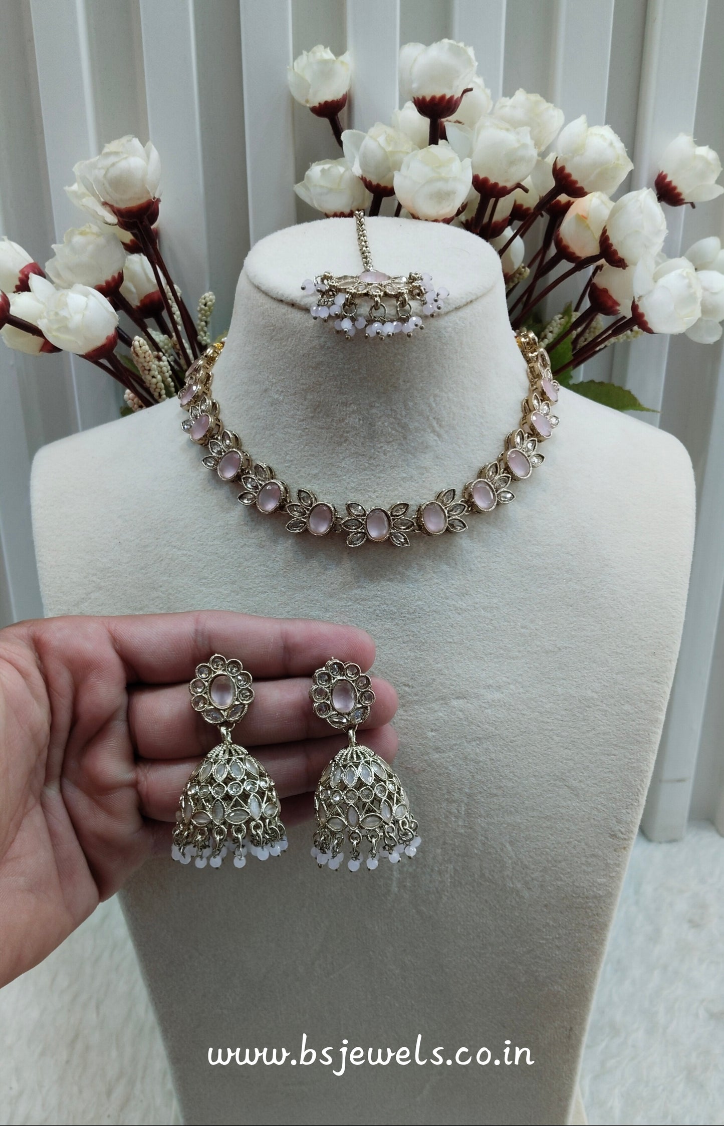 Pink Antique Gold Necklace Jewellery Mandeep Set