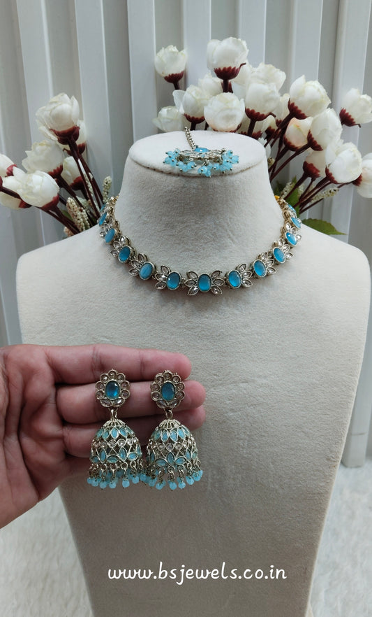 Sky Blue Antique Gold Necklace Jewellery Mandeep Set
