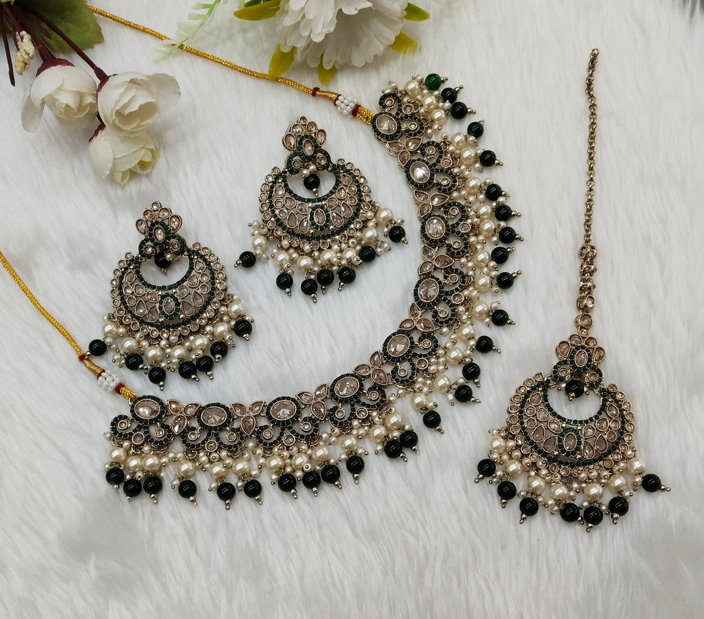 Green Antique Gold Necklace Jewellery Mangu Set
