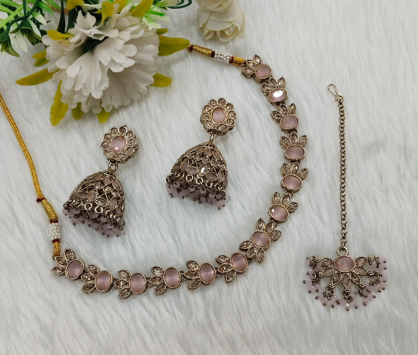 Pink Antique Gold Necklace Jewellery Mandeep Set