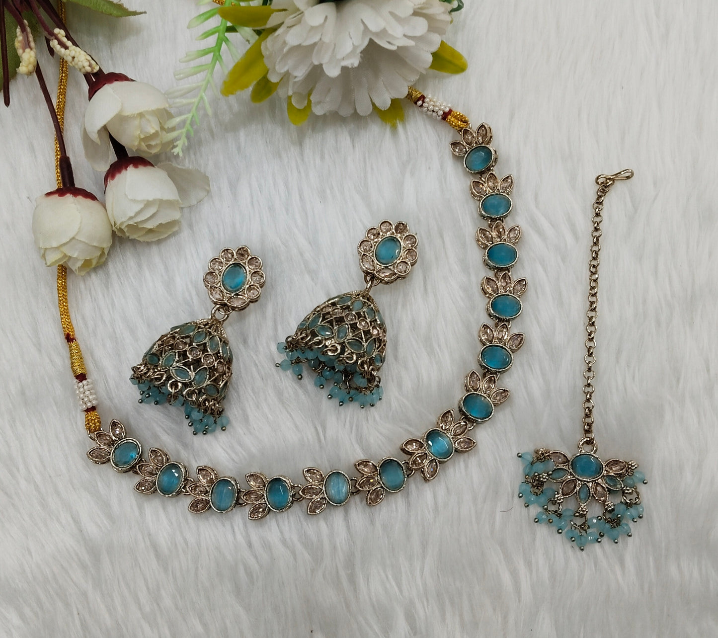 Sky Blue Antique Gold Necklace Jewellery Mandeep Set