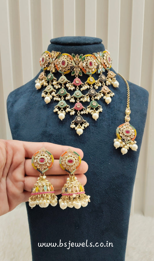 Multi Color Antique Gold Choker Jewellery Pardeep Set