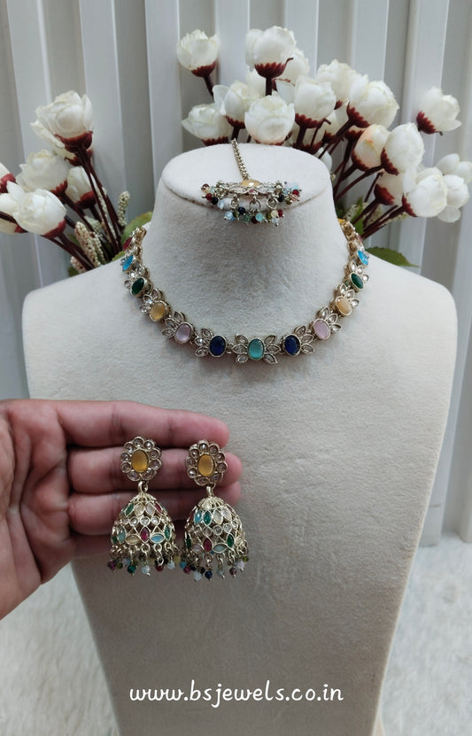 Multi Color Antique Gold Necklace Jewellery Mandeep Set