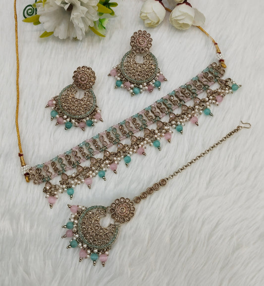 Mint Pink Antique Gold Choker Jewellery Rami Set