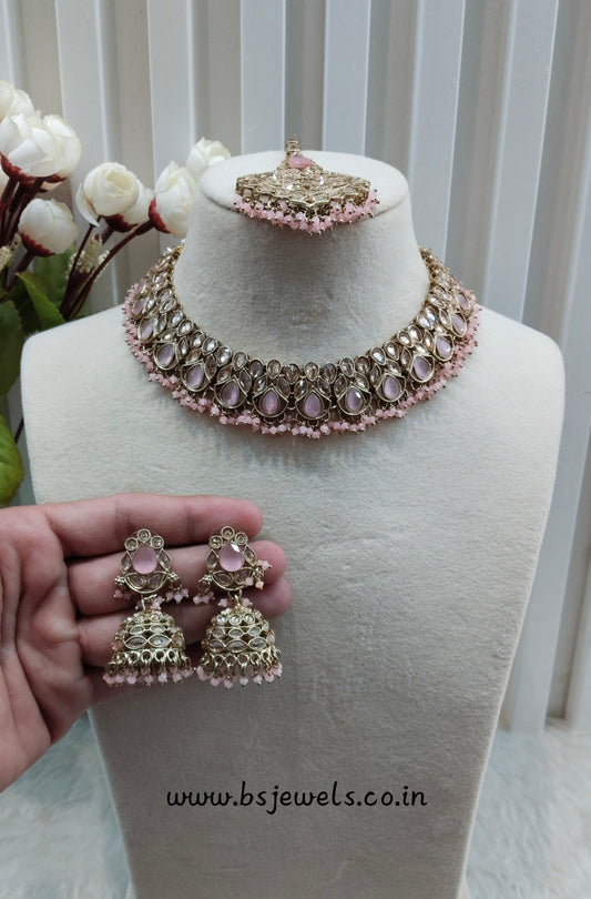 Pink Antique Gold Necklace Jewellery Topply Set
