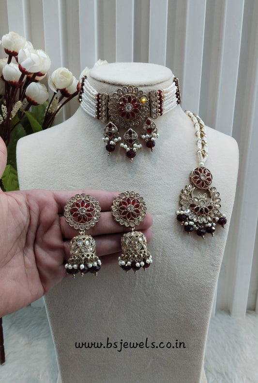 Maroon Antique Gold Choker Jewellery Alan Set