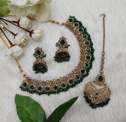 Green Antique Gold Necklace Jewellery Topply Set