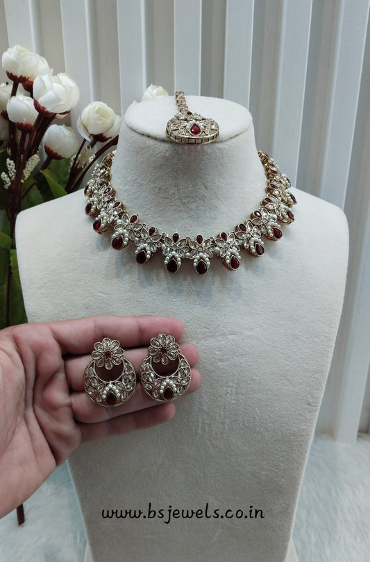 Maroon Antique Gold Necklace Jewellery Race Set