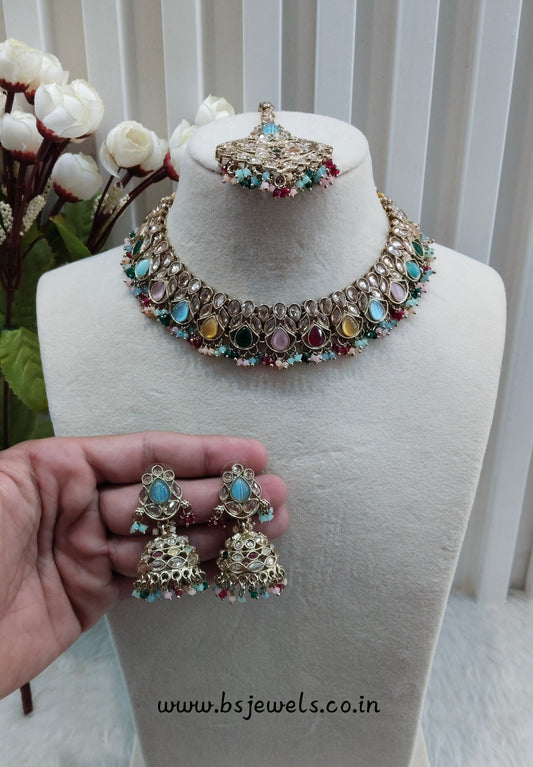 Multi Color Antique Gold Necklace Jewellery Topply Set
