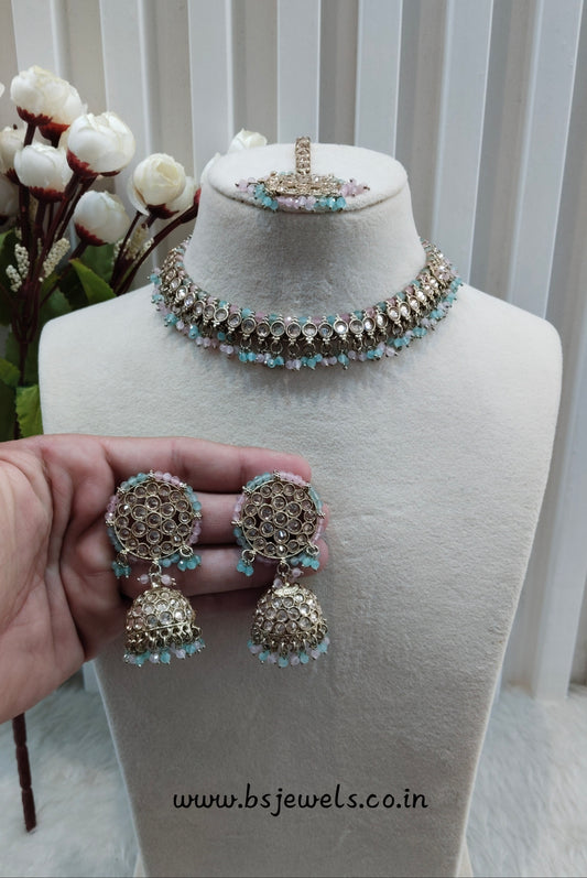 Mint Pink Antique Gold Necklace Jewellery Naman Set