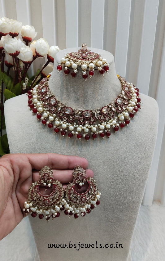 Maroon Antique Gold Necklace Jewellery Mangu Set