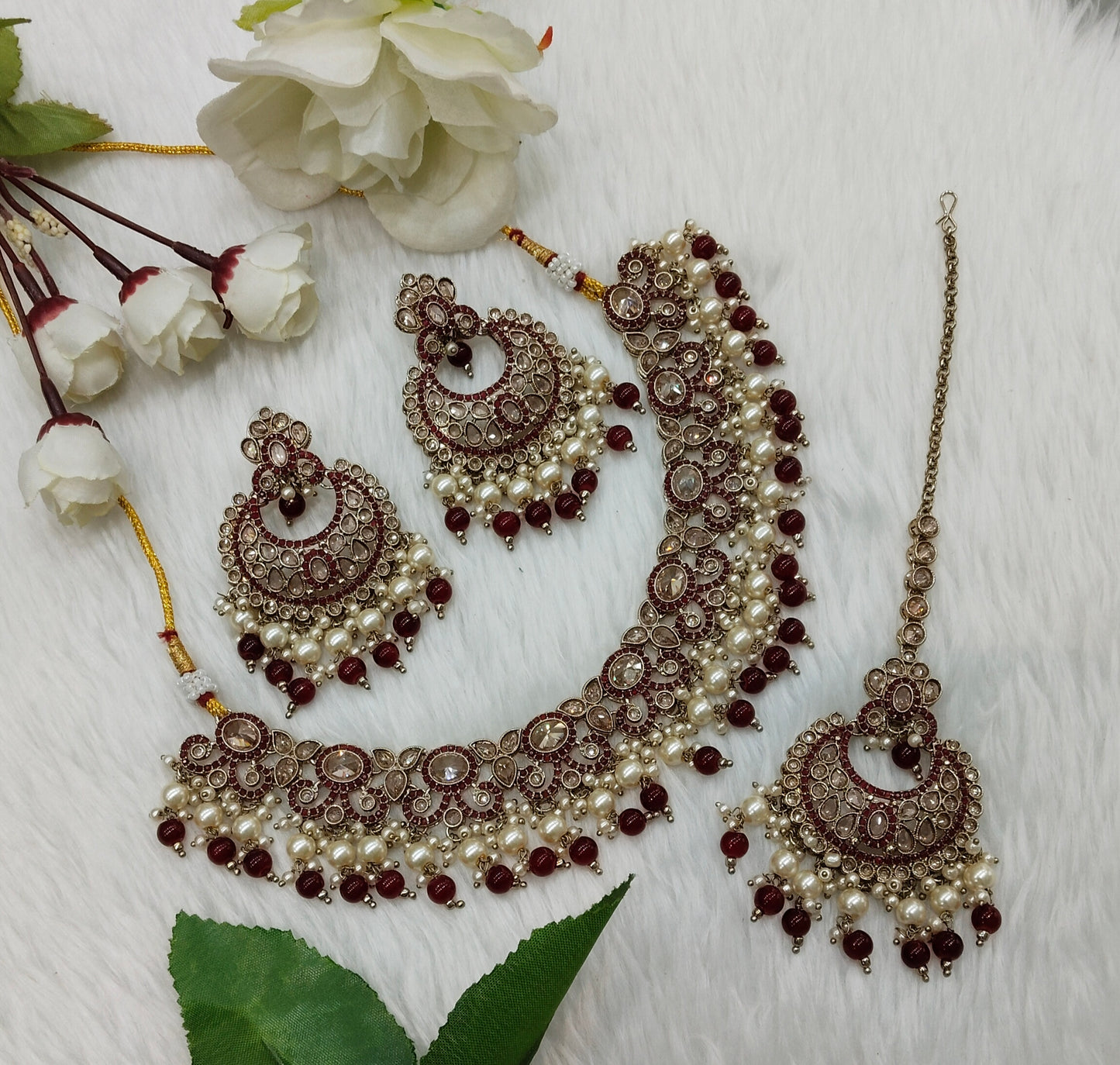 Maroon Antique Gold Necklace Jewellery Mangu Set