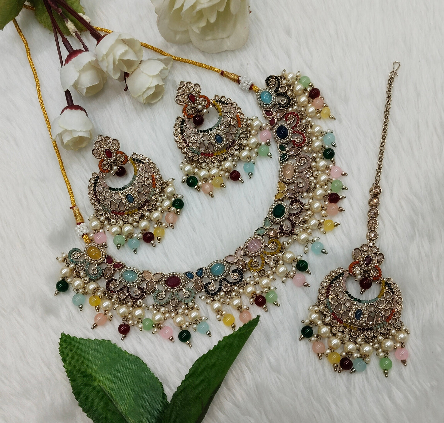 Multi Color Antique Gold Necklace Jewellery Mangu Set