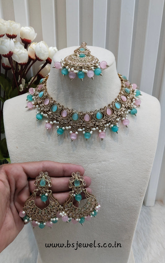Mint Pink Antique Gold Necklace Jewellery Arya Set