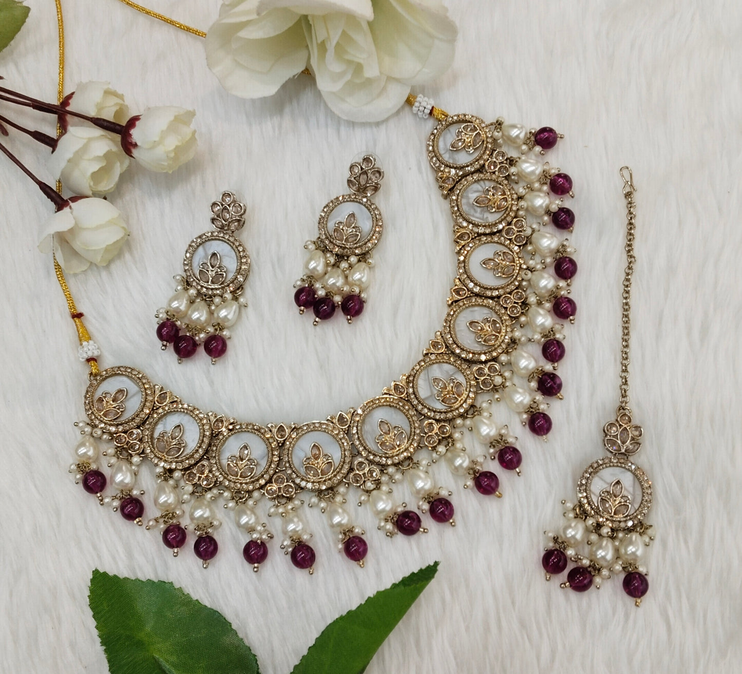 Purple Antique Gold Necklace Jewellery Daisy Set