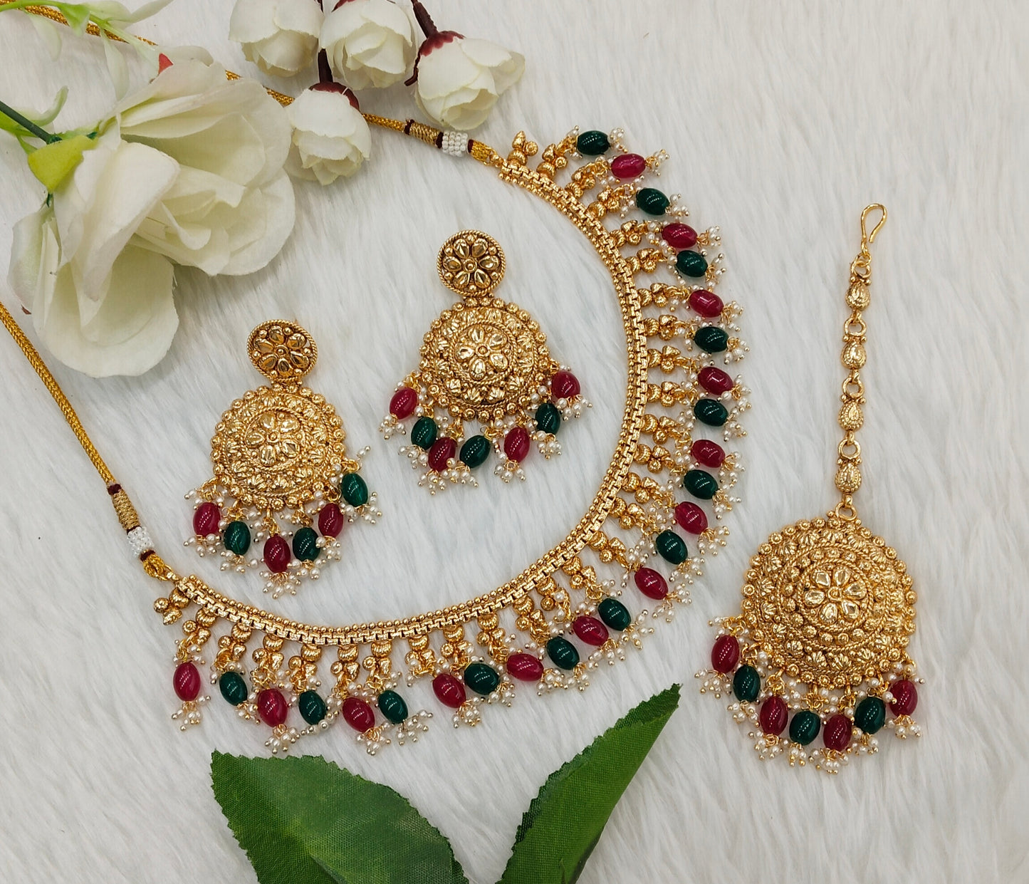 Ruby Green Gold Polki Punjabi Nacklace Birpal set