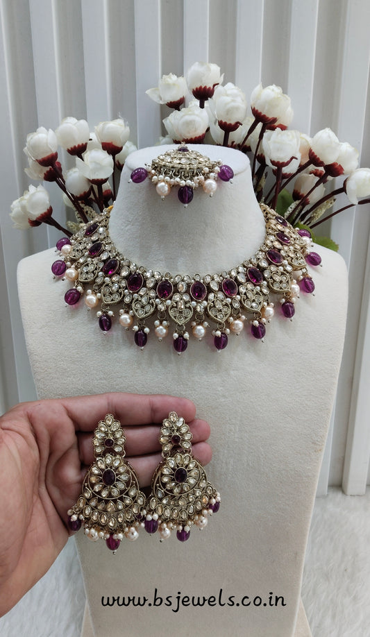 Purple Antique Gold Necklace Jewellery Rasha Set
