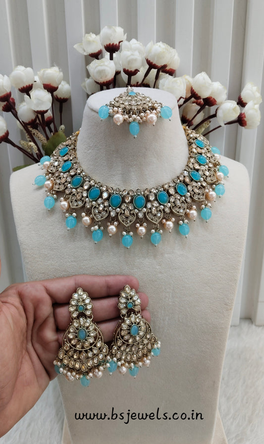Sky Blue Antique Gold Necklace Jewellery Rasha Set
