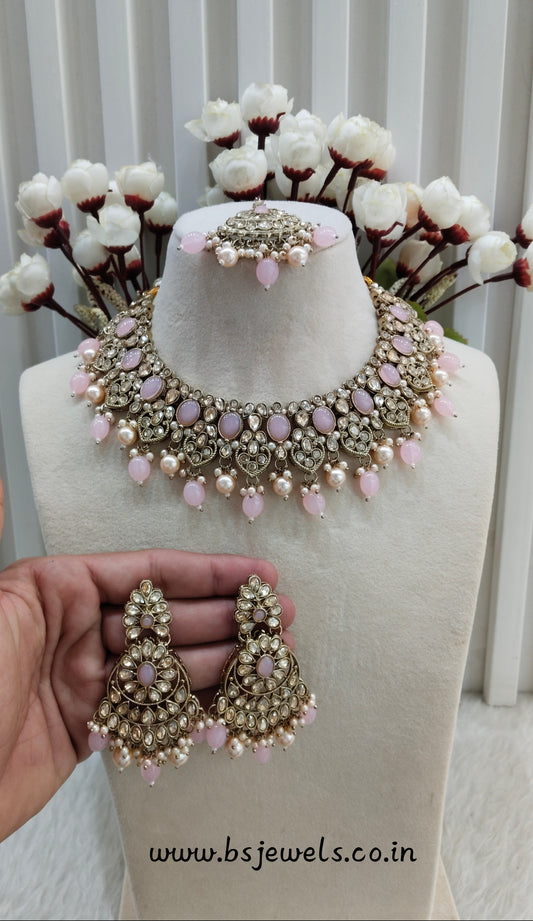 Pink Antique Gold Necklace Jewellery Rasha Set