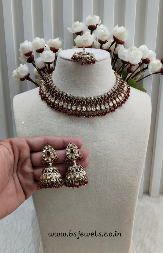 Maroon Antique Gold Necklace Jewellery Gora Set