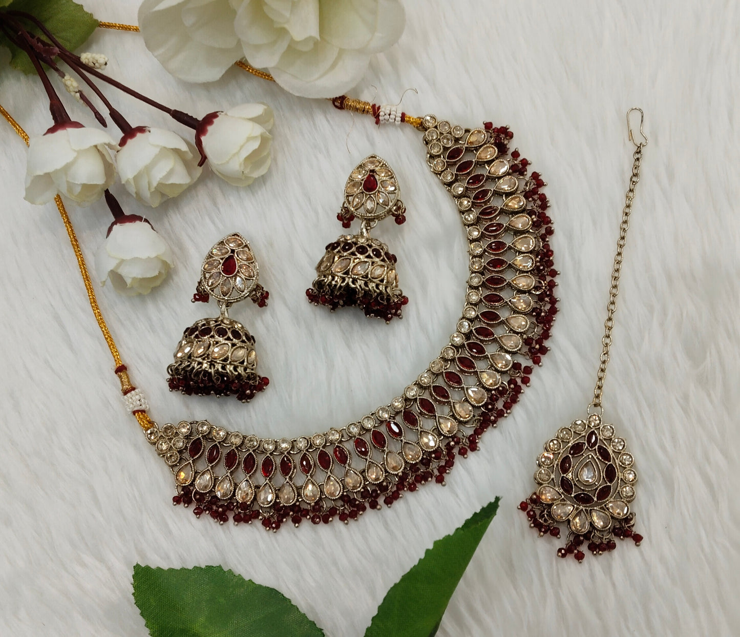 Maroon Antique Gold Necklace Jewellery Gora Set