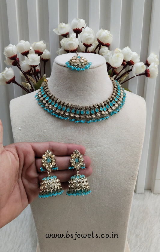 Sky Blue Antique Gold Necklace Jewellery Gora Set